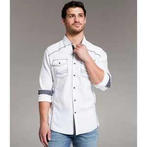 BKE Athletic Fit Mens Distressed White‎ Long Sleeve Pearl Snap Shirt XL - READ